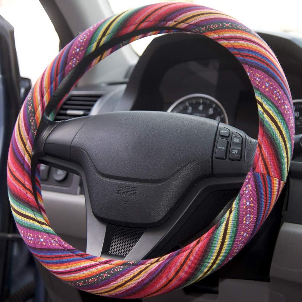 imageBDK Colorful Woven Boho Bohemian Hippie Style Steering Wheel Cover for Women  Fits Most Standard Wheel Sizes 14515 inch Colorful Patterns