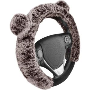 imageBDK Bear Fur Plush Steering Wheel Cover  Cute Faux Wool Protector for Women Girls Fits Wheels 14515 inch Gray  with EarsBrown with Ears
