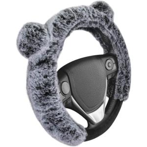 imageBDK Bear Fur Plush Steering Wheel Cover  Cute Faux Wool Protector for Women Girls Fits Wheels 14515 inch Gray  with EarsGray with Ears