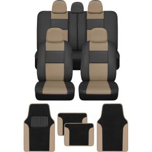 imageBDK Beige Faux Leather Car Seat Covers Full Set with Matching Carpet Car Floor Mats  Universal Front ampamp Back Bench Car Seat Protector ampamp Car Mats Full Set for SUV ampamp Truck Automotive Interior LinerBeige
