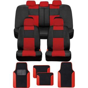 imageBDK Beige Faux Leather Car Seat Covers Full Set with Matching Carpet Car Floor Mats  Universal Front ampamp Back Bench Car Seat Protector ampamp Car Mats Full Set for SUV ampamp Truck Automotive Interior LinerRed