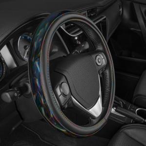 imageBDK Cute Iridescent Black Steering Wheel Cover for Women Standard 15 inch Size Sparkle Faux Leather Car Steering Wheel Cover for Truck Van SUV Auto
