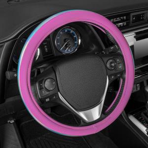 imageBDK Cute Iridescent Pink Steering Wheel Cover for Women Standard 15 inch Size Sparkle Faux Leather Car Steering Wheel Cover for Truck Van SUV Auto