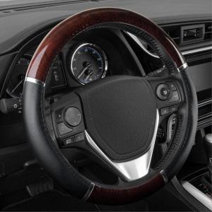 imageBDK Dark Wood Grain Car Steering Wheel Cover Standard 15 inch with Gray Faux Leather Grip Made to Fit Most Auto Truck Van SUVBlack  Dark Wood