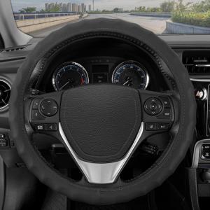 imageBDK Genuine Black Leather Steering Wheel Cover for Car Large 15516 inch  Ergonomic Comfort Grip for Men ampamp Women Car Steering Wheel Cover for Vehicles with Large Steering WheelsBlack