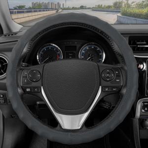 imageBDK Genuine Black Leather Steering Wheel Cover for Car Large 15516 inch  Ergonomic Comfort Grip for Men ampamp Women Car Steering Wheel Cover for Vehicles with Large Steering WheelsGray