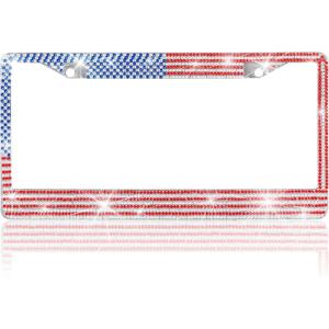 imageBDK Heavy Duty RustProof StainlessSteel Metal USA United States Flag Rhinestone Sparkly Sparkling Diamond Crystal Bling License Plate Frame Universal Size for Car Truck SUVSparkle Flag