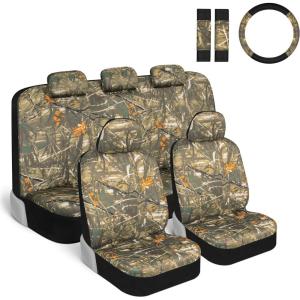 imageBDK Hunter Camo Car Seat Covers Full Set with Camo Steering Wheel Cover and Seat Belt Cover Pad  Forest Camouflage Pattern Automotive Front Seat ampamp Bench Back Seat Cover for Cars Trucks SUV