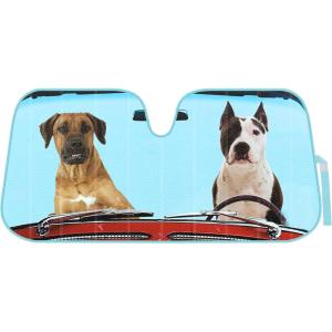 imageBDK Pink Flamingo Floatie Front Windshield Sunshade Accordion Folding Style Auto Shade for Car Truck SUV Van Blocks UV Rays Sun Visor Protector Easy Setup Keeps Your Vehicle Cool  58 x 27 inchesTwo Dogs