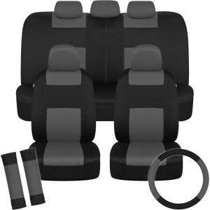 imageBDK PolyPro Car Seat Covers Full Set in Charcoal on Black with Steering Wheel Cover ampamp Seat Belt Pads  Front and Rear Split Bench Car Seat Cover Easy to Install Interior Covers for Auto Truck SUV