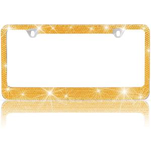 imageBDK Stainless Steel Yellow Gold Sparkly Sparkling Diamond Crystal Bling Premium License Plate Frame Metal Silver Rhinestone for Women Universal Size for Car Truck SUVGold