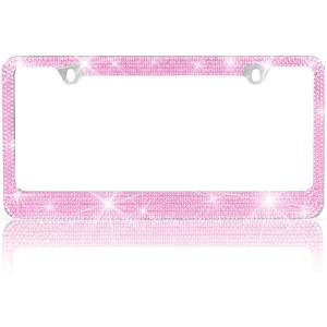 imageBDK Stainless Steel Yellow Gold Sparkly Sparkling Diamond Crystal Bling Premium License Plate Frame Metal Silver Rhinestone for Women Universal Size for Car Truck SUVPink