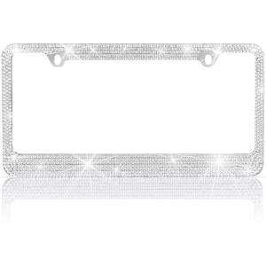 imageBDK Stainless Steel Yellow Gold Sparkly Sparkling Diamond Crystal Bling Premium License Plate Frame Metal Silver Rhinestone for Women Universal Size for Car Truck SUVSilver