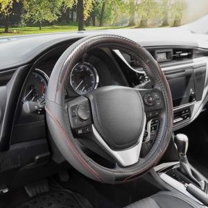 imageBDK UltraSport Series Steering Wheel CoverSynthetic Leather Perforated Design ampamp Stitching All Black Carbon FiberBlack w Red Stitching
