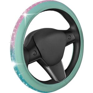 imageLeatherette Crystal Bling Steering Wheel Cover for Car SUV Glitter Sparkle Rhinestone Cute Car Accessories for Women Universal Fit Standard Size Fits 145quot15quot  Pink wRainbow BlingMint w Rainbow Bling