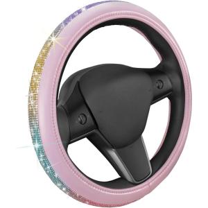 imageLeatherette Crystal Bling Steering Wheel Cover for Car SUV Glitter Sparkle Rhinestone Cute Car Accessories for Women Universal Fit Standard Size Fits 145quot15quot  Pink wRainbow BlingPink w Rainbow Bling