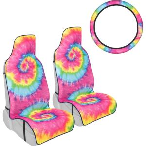 imageTurquoise Tropical Birds Car Seat Covers 2 Pack Birds ampamp Palm Leaves Front Seat Covers for Cars Trucks SUV Car Accessories for WomenRainbow TieDye
