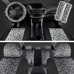 imagecarXS Leopard Print Car Seat Covers Full Set Includes Matching Seat Belt Pads and Steering Wheel Cover TwoTone Cheetah Print Gray Seat Covers for Cars for Women Car Seat Protector Interior CoversLeopard Gray
