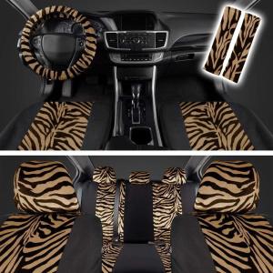 imagecarXS Leopard Print Car Seat Covers Full Set Includes Matching Seat Belt Pads and Steering Wheel Cover TwoTone Cheetah Print Gray Seat Covers for Cars for Women Car Seat Protector Interior CoversZebra Beige