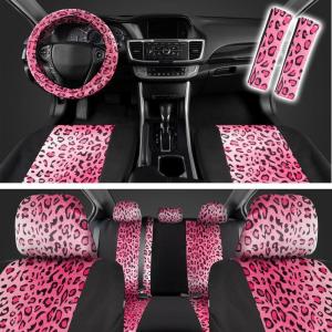 imagecarXS Leopard Print Car Seat Covers Full Set Includes Matching Seat Belt Pads and Steering Wheel Cover TwoTone Cheetah Print Gray Seat Covers for Cars for Women Car Seat Protector Interior CoversLeopard Hot Pink
