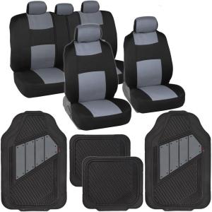 imageBDK PolyPro Black ampamp Beige Car Seat Covers Full Set with MotorTrend FlexTough All Weather Rubber Car Floor Mats  Front ampamp Rear Split Bench Seat Covers for Cars ampamp Matching Floor Mats for Car InteriorBlack  Grey