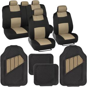 imageBDK PolyPro Black ampamp Beige Car Seat Covers Full Set with MotorTrend FlexTough All Weather Rubber Car Floor Mats  Front ampamp Rear Split Bench Seat Covers for Cars ampamp Matching Floor Mats for Car InteriorBlack  Beige