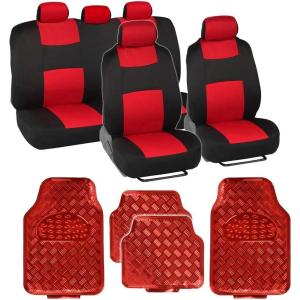 imageBDK PolyPro Car Seat Covers Full Set  Front and Rear Split Bench Protection Includes 4PC Vibrant Metallic Floor Mats Easy to Install Fits Most Auto Truck Van SUVRed