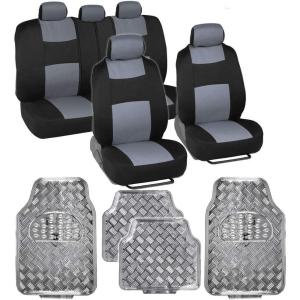 imageBDK PolyPro Car Seat Covers Full Set  Front and Rear Split Bench Protection Includes 4PC Vibrant Metallic Floor Mats Easy to Install Fits Most Auto Truck Van SUVGray