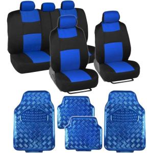 imageBDK PolyPro Car Seat Covers Full Set  Front and Rear Split Bench Protection Includes 4PC Vibrant Metallic Floor Mats Easy to Install Fits Most Auto Truck Van SUVBlue