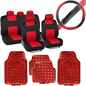 imageBDK PolyPro Car Seat Covers Full Set  Front and Rear Split Bench Protection Includes 4PC Vibrant Metallic Floor Mats ampamp Steering Wheel Cover Easy to Install Fits Most Auto Truck Van SUVRed