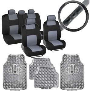 imageBDK PolyPro Car Seat Covers Full Set  Front and Rear Split Bench Protection Includes 4PC Vibrant Metallic Floor Mats ampamp Steering Wheel Cover Easy to Install Fits Most Auto Truck Van SUVGray