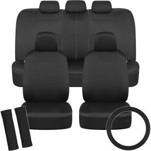 imageBDK PolyPro Car Seat Covers Full Set in Solid Black with Steering Wheel Cover ampamp Seat Belt Pads  Front and Rear Split Bench Car Seat Cover Easy to Install Interior Covers for Auto Truck Van SUV
