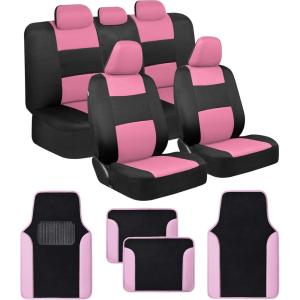 imageBDK PolyPro Red Car Seat Covers Full Set with 4Piece Car Floor Mats  TwoTone Seat Covers for Cars with Carpet Interior Covers for Auto Truck Van SUVBlack  Pink
