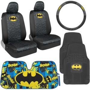 imageBDK Warner Bros DC Comics Car Accessories Bundle  Front Seat Covers Steering Wheel Cover Windshield Sunshade Car Floor Mats for Autos Cars Sedans Trucks Vans Superhero Batman Dark Knight Gift Set