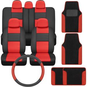 imagePU Leather Car Seat Covers wTwoTone CarpetVinyl Trim Car Floor Mats  Front and Back Split Bench Seat Covers Steering Wheel Cover Floor Mats for Cars Trucks Vans and SUVs BlackRed
