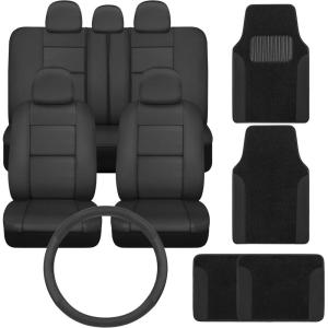 imagePU Leather Car Seat Covers wTwoTone CarpetVinyl Trim Car Floor Mats  Front and Back Split Bench Seat Covers Steering Wheel Cover Floor Mats for Cars Trucks Vans and SUVs BlackBlack