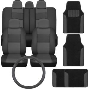 imagePU Leather Car Seat Covers wTwoTone CarpetVinyl Trim Car Floor Mats  Front and Back Split Bench Seat Covers Steering Wheel Cover Floor Mats for Cars Trucks Vans and SUVs BlackCharcoal