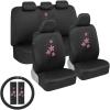 imageBDK Pink Flowers Car Seat Covers Full Set with Steering Wheel Cover and Seat Belt Pads  Front and Rear Covers with Matching Embroidered Accessories Fits Most Cars Trucks Vans SUVs SCPRINTS