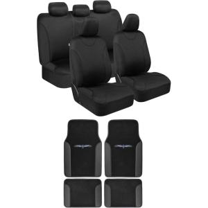 imageBDK Beige Car Seat Covers with Matching Carpet Floor Mats for Cars Full Set  Front Universal Seat Covers ampamp Back Bench Seat Cover with Automotive Floor Mats  Car SUV Truck ampamp Van Interior ProtectorBlack