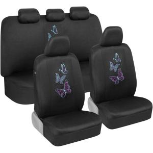 imageBDK Blue Butterflies Car Seat Covers for Women Full Set with Steering Wheel Cover and Seat Belt Pads  Front and Rear Covers with Matching Embroidered Accessories Fits Most Car Truck Van SUV