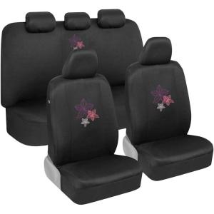 imageBDK Hawaiian Flowers Car Seat Covers Full Set with Steering Wheel Cover and Seat Belt Pads  Front and Rear Covers with Matching Embroidered Accessories Universal Fit for Cars Trucks Vans SUVs