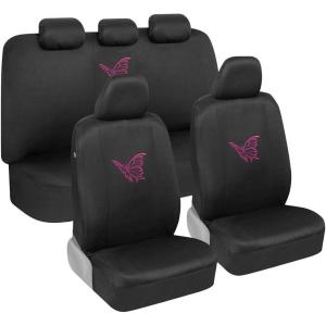 imageBDK Pink Butterflies Car Seat Covers for Women Full Set with Steering Wheel Cover and Seat Belt Pads  Front and Rear Covers with Matching Embroidered Accessories Fits Most Car Truck Van SUV