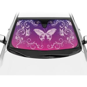 imageBDK Pink Butterfly Front Windshield Sunshade Accordion Folding Style Auto Shade for Cars Trucks SUVs Vans Blocks UV Rays Sun Visor Protector Easy Setup Keeps Your Vehicle Cool 58quot x 27quot