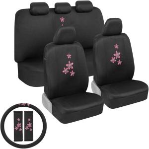 imageBDK Pink Flowers Car Seat Covers Full Set with Steering Wheel Cover and Seat Belt Pads  Front and Rear Covers with Matching Embroidered Accessories Fits Most Cars Trucks Vans SUVs SCPRINTS
