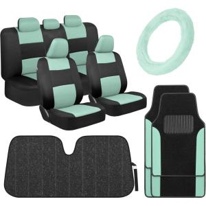 imageBDK PolyPro Mint Car Seat Covers for Women Gift Set Bundle  Seat Covers for Cars with Carpet Floor Mats Fur Steering Wheel Cover and Bling Windshield SunshadeMint