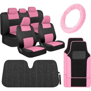 imageBDK PolyPro Mint Car Seat Covers for Women Gift Set Bundle  Seat Covers for Cars with Carpet Floor Mats Fur Steering Wheel Cover and Bling Windshield SunshadePink