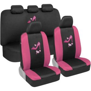 imageBDK TwoTone Pink Heels Car Seat Covers Full Set with Steering Wheel Cover and Seat Belt Pads  Front and Rear Covers with Matching Embroidered Accessories Fits Most Cars Trucks Vans SUVs SCPRINTS