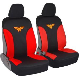 imageBDK Warner Bros DC Comics Wonder Woman Car Accessories Seat Covers  Front Car Seat Cover Includes Removable Head Cover ampamp Matching Seat Belt Pads Side Airbag Compatible Universal Fit Red ampamp Black