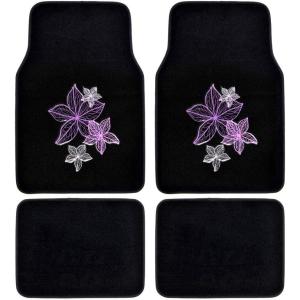 imagePretty Rugs Gift Pack  Matching Flowers Design  Black Carpet Floor Mats wSynthetic Leather Grip Steering Wheel CoverFloor Mats