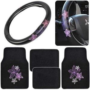 imagePretty Rugs Gift Pack  Matching Flowers Design  Black Carpet Floor Mats wSynthetic Leather Grip Steering Wheel CoverGift Pack